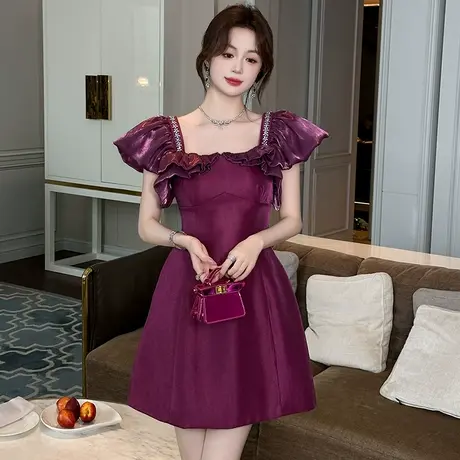 绝美超好看生日party小礼服裙夏季小众设计泡泡袖方领紫色连衣裙图片