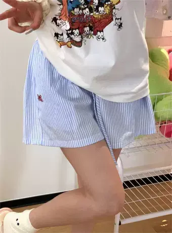 2024年新款竖条纹抽绳字母刺绣阔腿短裤宽松夏季休闲裤女韩系图片