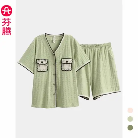 芬腾睡衣女士夏季薄款纯棉短袖V领套装女款休闲加大码凉感家居服商品大图