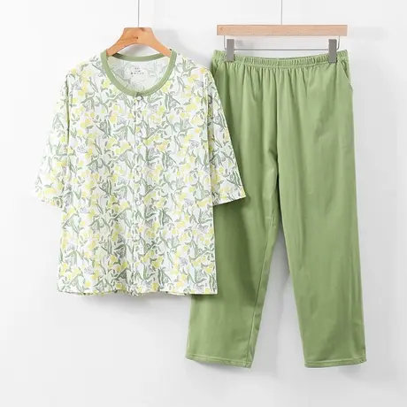 中老年睡衣女纯棉妈妈开衫七分袖大码奶奶宽松老太太对襟家居服夏商品大图