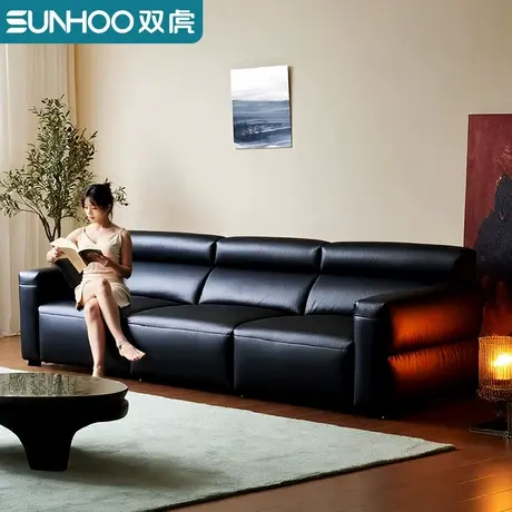 意式轻奢极简沙发客厅黑色真皮头层牛皮小户型小黑牛直排沙发812商品大图