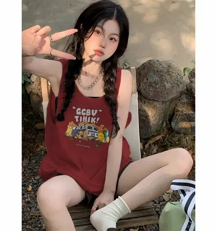 纯棉吊带坎肩背心无袖t恤女2024新款夏季设计感小众外穿宽松上衣图片
