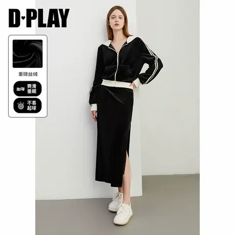 DPLAY秋季气质通勤黑色连帽宽松撞色亲肤丝绒卫衣上衣女图片