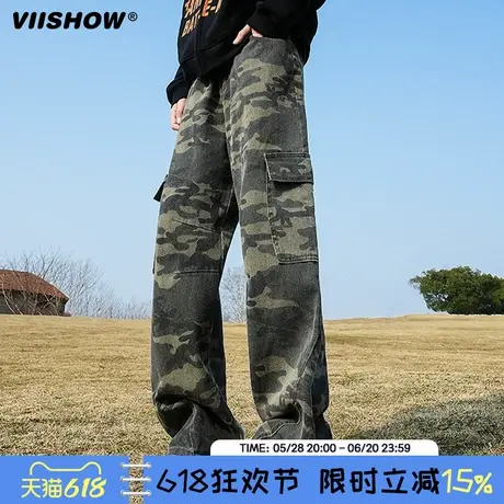 VIISHOW美式高街迷彩多口袋工装裤男潮牌复古阔腿百搭直筒休闲裤商品大图