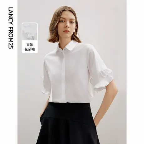 朗姿法式立体玫瑰设计感衬衫气质复古短袖上衣2024秋季新款衬衣女图片