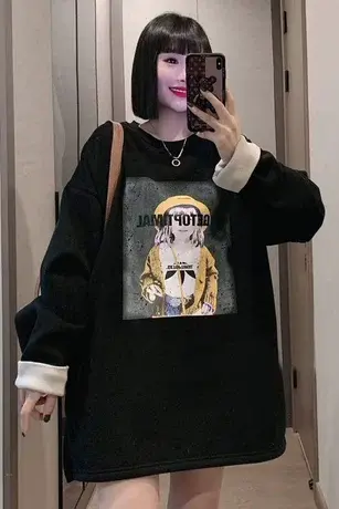 2023秋冬新款加厚大码女装宽松中长款遮肚子长袖套头加绒卫衣气质商品大图