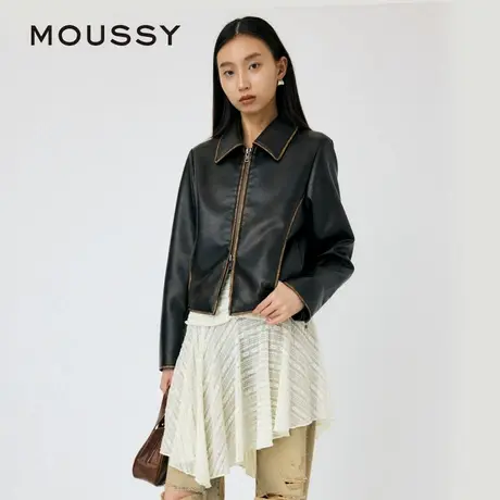 明星同款MOUSSY 24夏季新品美式做旧机车皮夹克外套010HAH30-4231图片
