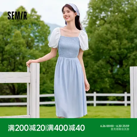 森马连衣裙女撞色泡泡袖甜美优雅气质秋季赫本风紧身短裙法式复古图片