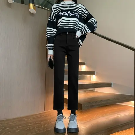 黑色高腰牛仔裤女2023秋冬新款显瘦九分小个子百搭直筒法棍烟管裤商品大图