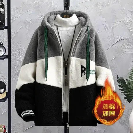 羊羔毛绒棉衣外套男士新款加绒加厚秋冬季颗摇粒绒棉服青少年男装图片