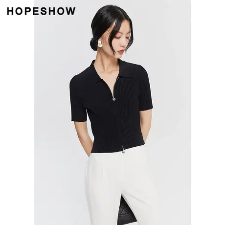 红袖outlets拉链翻领短袖针织衫hopeshow2023夏款薄款修身短款T恤商品大图