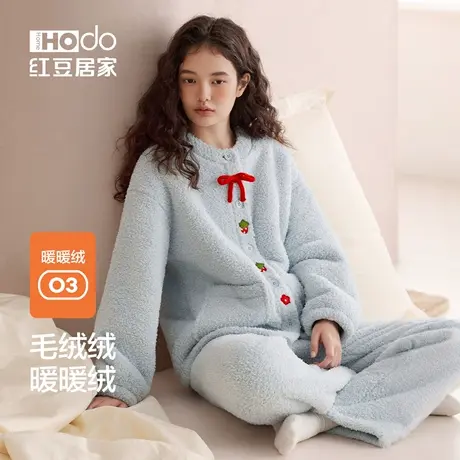 红豆珊瑚绒睡衣女加厚甜美开衫可外穿桂花绒保暖家居服套装25年冬商品大图