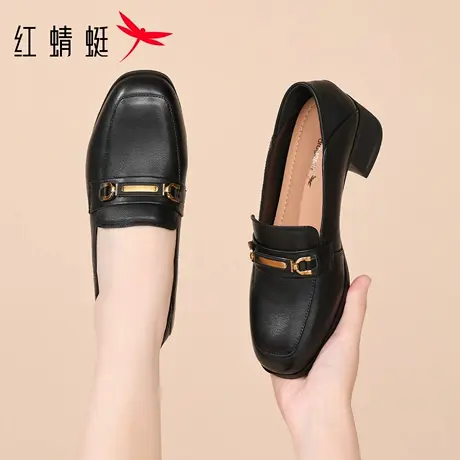 红蜻蜓女鞋新款鞋子女士休闲皮鞋女款高跟乐福妈妈单鞋真皮小皮鞋图片