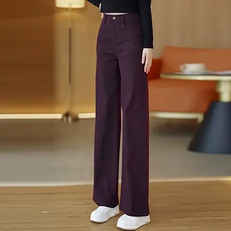紫色弹力天丝棉牛仔直筒微喇裤女春秋新款高腰筒喇裤小喇叭阔腿裤图片