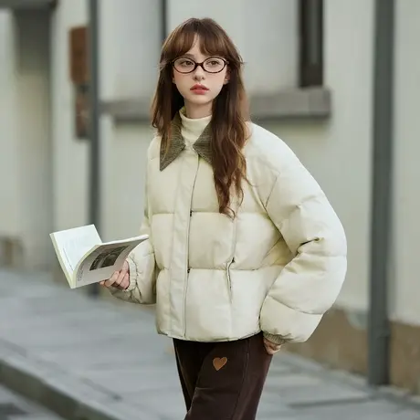 唐狮冬季女撞色灯芯绒领子超短款羽绒服简约时尚高级感气质TD图片