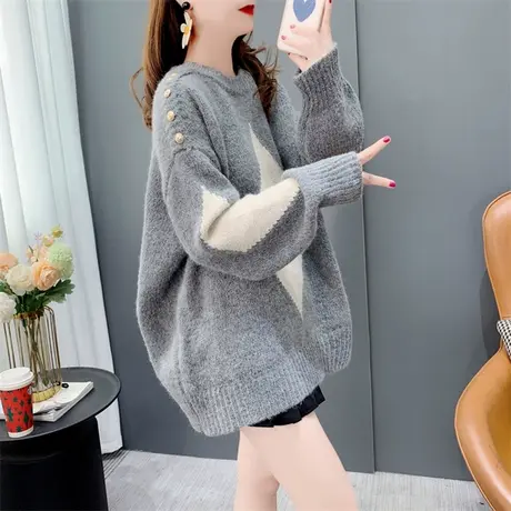 设计感菱形圆领毛衣女套头秋冬2022新款宽松慵懒风加厚针织衫上衣商品大图