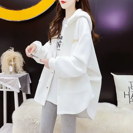 加绒加厚连帽卫衣开衫女中长款2023新款秋冬慵懒风宽松设计感外套图片