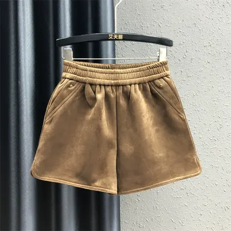 欧货毛呢休闲裤女23秋冬新款咖啡色松紧腰设计感高腰百搭阔腿短裤商品大图