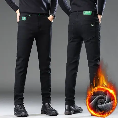 高端男款弹力直筒加绒加厚休闲牛仔长裤子秋冬款抗寒保暖西裤冬季商品大图