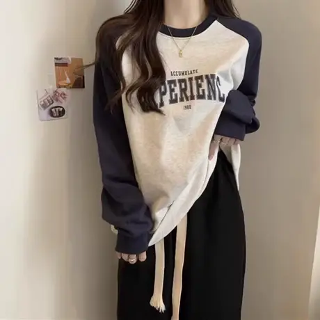 ins超火加绒加厚无帽卫衣女春秋冬季宽松显瘦撞色插肩袖圆领上衣商品大图