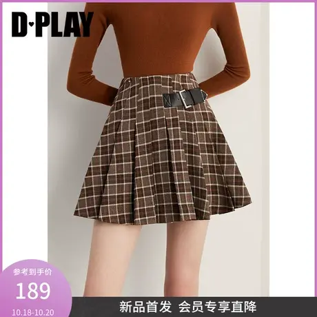 DPLAY2023新美拉德学院风卡其格纹防走光裤里皮搭扣搭片百褶半裙图片