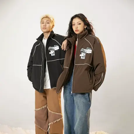 复古潮牌立领棉服女加厚冬季外套2023新款情侣装宽松oversize棉衣商品大图