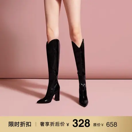 熙漫2023秋冬新款欧美黑色高跟长靴尖头粗跟加绒时尚百搭及膝靴女图片