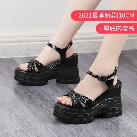 罗马坡跟凉鞋女2023年新款小个子软底防水台厚底内增高10cm松糕鞋商品大图