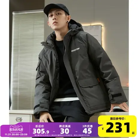 唐狮冬季新款短款连帽保暖工装羽绒服男立领潮牌休闲宽松加厚外套图片
