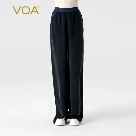 VOA30姆米重磅桑蚕丝藏青色自然腰口袋拼接乔其宽松真丝直筒裤图片
