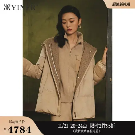 YINER音儿女装冬季骆驼绒混纺白鹅绒羽绒服配腰带图片