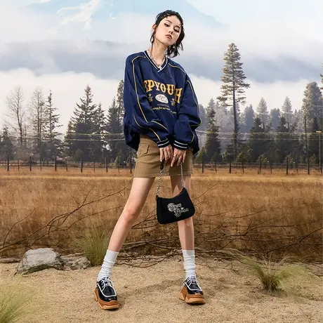 v领美式复古卫衣女潮牌hiphop外套oversize小众欧美上衣春秋薄绒商品大图