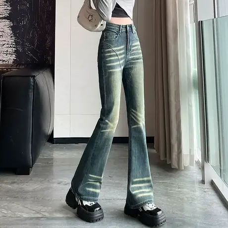 美式复古微喇牛仔裤女春秋2024新款高腰显瘦水洗直筒拖地阔腿裤子图片