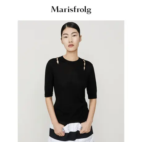 【真丝面料】玛丝菲尔秋季黑色针织镂空桑蚕丝圆领T恤女商品大图