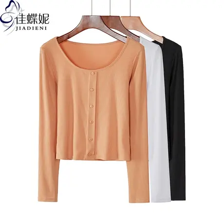 秋季新款韩版圆领纯棉修身纯色短款长袖体恤上衣内搭打底衫女装商品大图