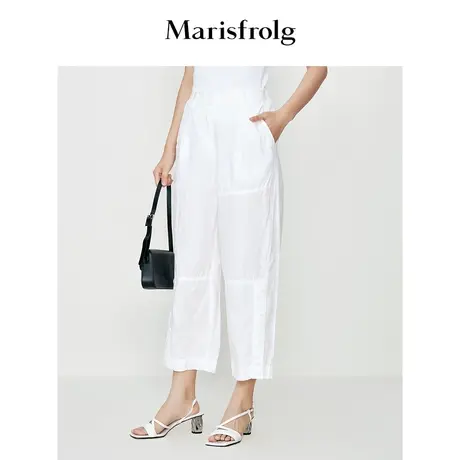 【商场同款】玛丝菲尔休闲裤夏季新款设计感白色亚麻九分阔腿裤商品大图