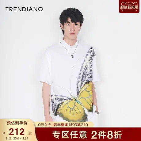 TRENDIANO官方潮牌夏季男装时尚潮流夜光蝴蝶印花纯棉宽松短袖T恤商品大图