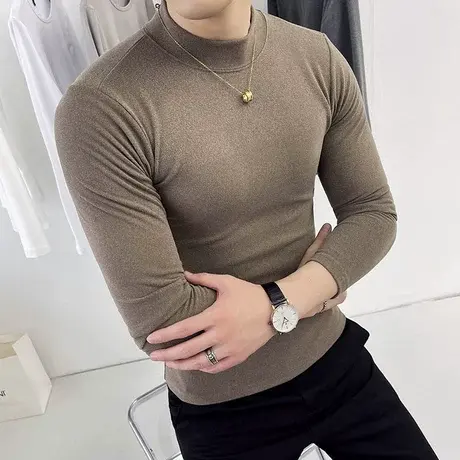 秋冬季半高领双面绒长袖T恤打底衫男德绒修身纯色内搭百搭体恤ins图片