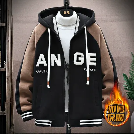 冬季新款加棉加厚夹克男士连帽青少年学生刺绣拼接撞色外套上衣服商品大图