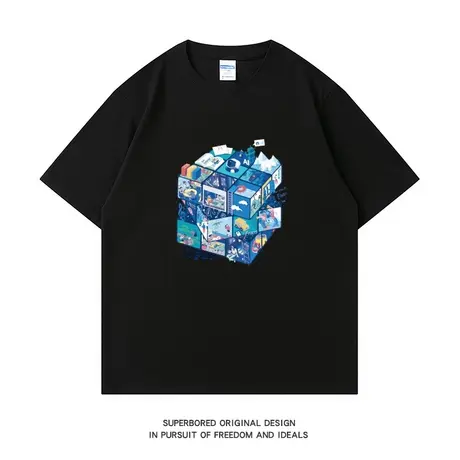 夏季蓝色魔方印花纯棉短袖T恤男女学生青少年宽松休闲半袖体恤商品大图