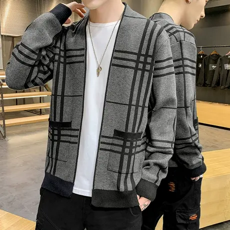 针织开衫男士外套ins秋季英伦风韩版潮流帅气学生修身格子毛衣线商品大图