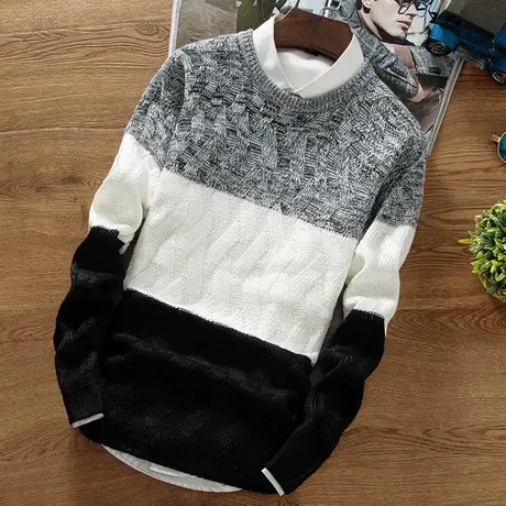 冬季毛衣男韩版潮流个性撞色线衫修身男士圆领线衣套头针织衫男装商品大图