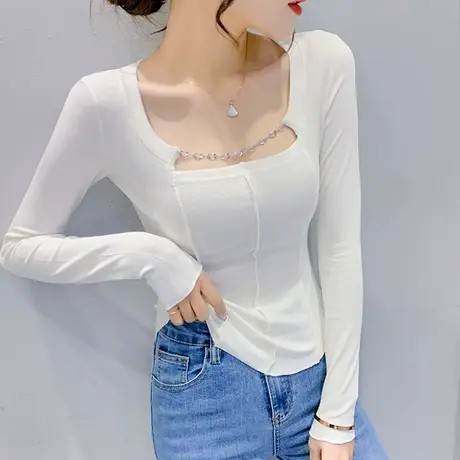 设计感弧形下摆T恤女长袖网红洋气百搭打底衫春秋显瘦气质上衣ins商品大图