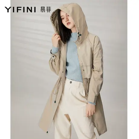 Yifini/易菲春秋帅气休闲风衣外套连帽收腰中长款街头风外套新商品大图