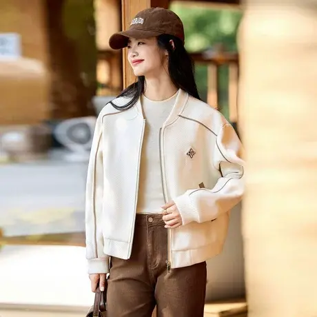 时尚气质外套2023年秋季新款女士百搭温柔通勤圆领长袖棒球服上衣商品大图
