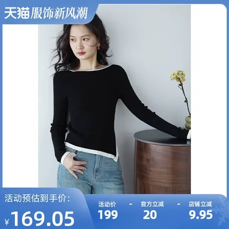嘉茱莉2023秋季新款绵羊毛针织毛衣女薄款针织上衣撞色包边低圆领商品大图