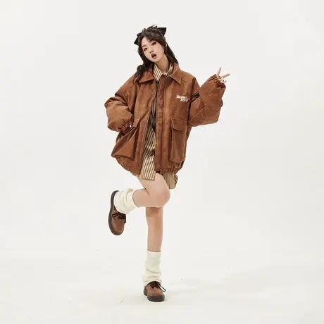 复古PU皮棉服女加厚冬季工装美拉德外套2023宽松棉袄街头潮牌棉衣商品大图