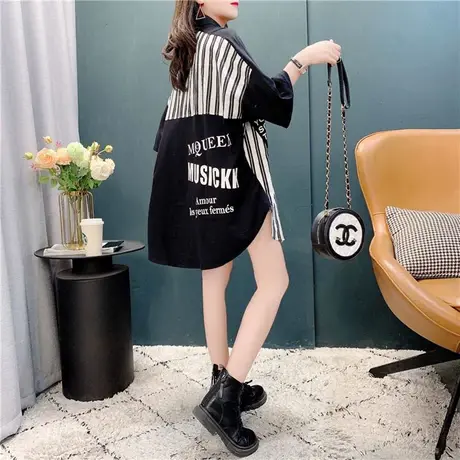 polo领衬衫拼接短袖T恤女士夏装2023年新款宽松竖条纹中长款上衣商品大图