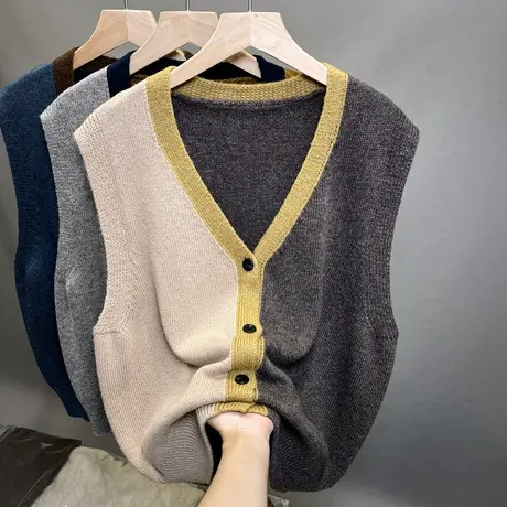 2023秋新款女装V领无袖毛衣拼色时尚针织上衣马甲毛衣背心坎肩潮商品大图