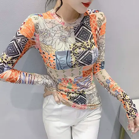 2024春装新款时尚网纱长袖T恤女士欧货圆领打底衫印花气质上衣ins图片